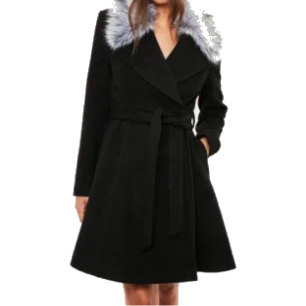 Fur Collar Wrap Coat - Black